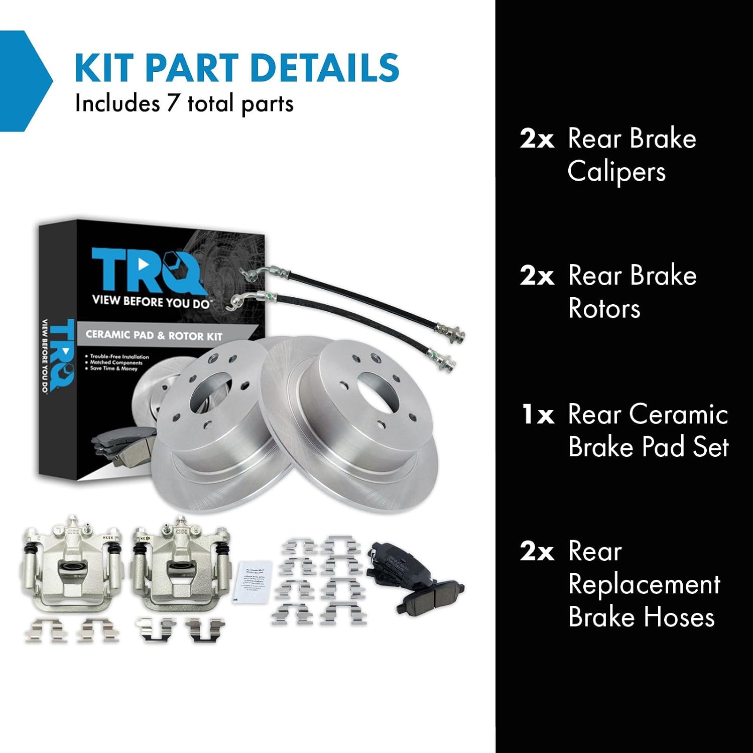 TRQ Rear Brake Pad and Rotor Set Ceramic Rotors Calipers Hoses Compatible with 2007-2008 Nissan Maxima