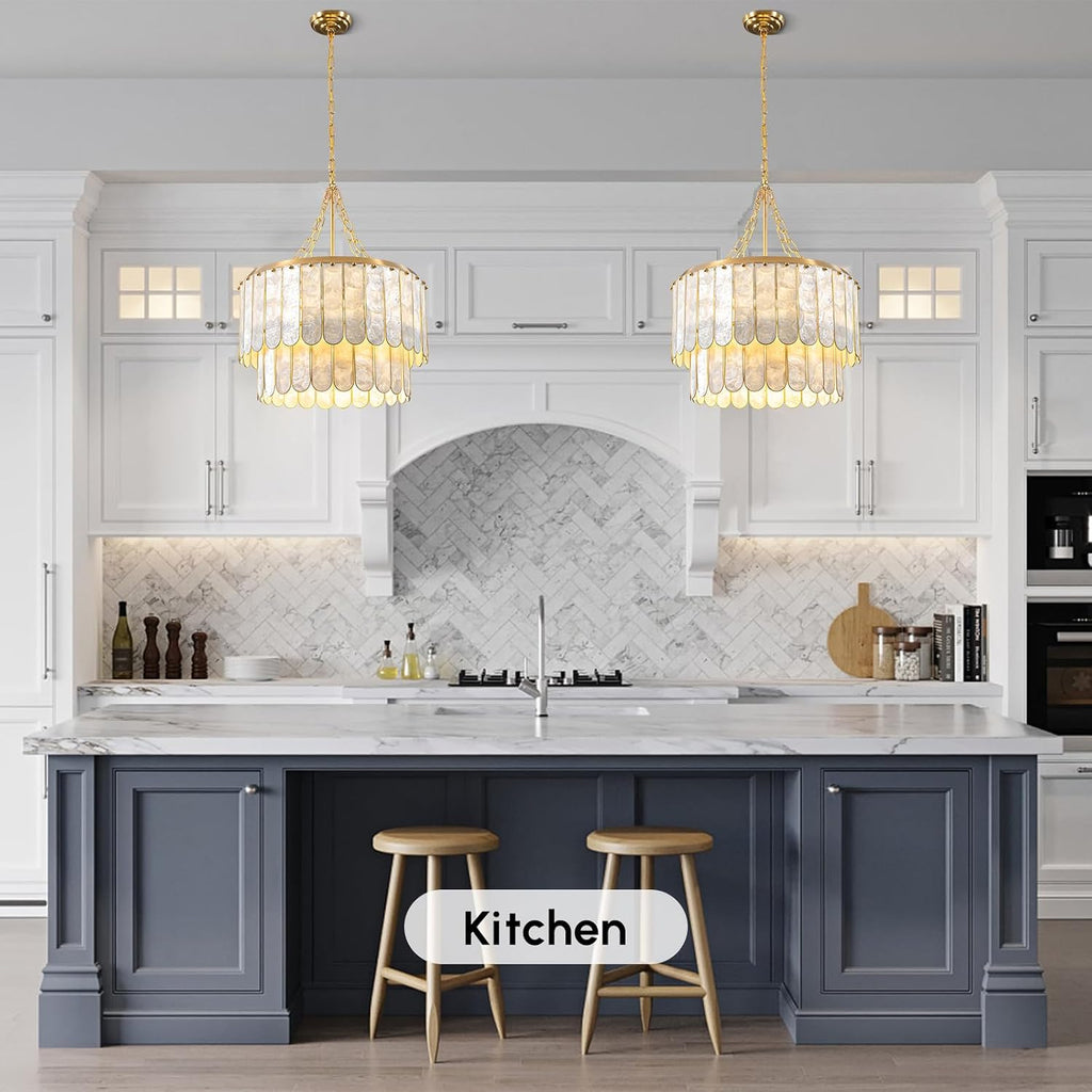Modern 5-Light Shell Chandelier, 2-Tiered Faceted Pendant Light with Gold Metal Frame, E26 Lighting Fixture for Dining Room, Bedroom, Living Room