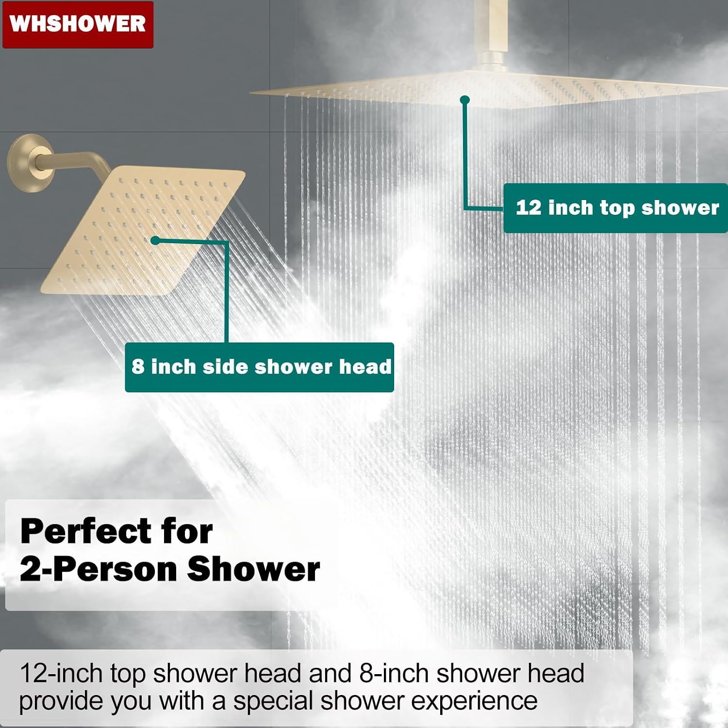 Brushed Gold Dual Shower Heads Shower System with 12'& 8' Shower Heads Full Body Digital Display Shower Set With Handheld Shower and Waterfall Tub Spout
