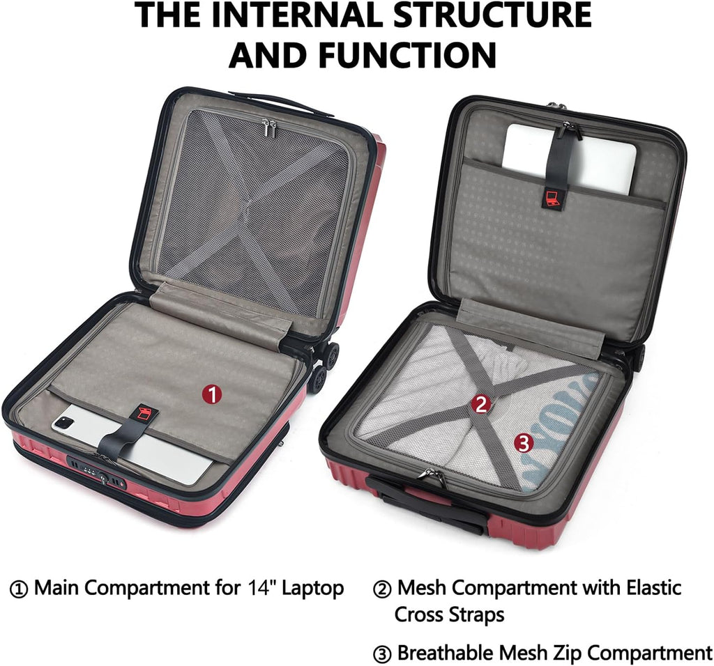 TydeCkare 16' Carry on Luggage with 2 Laptop Compartments, Lightweight Hardshell ABS+PC Suitcase with Dual Control TSA Lock, with YKK Zipper, 4 Spinner Silent Wheels, for Business Travel, Wine Red