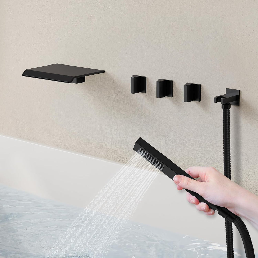 Wall Mounted Waterfall Bathtub Shower Faucet Set, 3 Handle Bathroom Shower Fixtures Set Combo with Tub Spout & Handheld Spray, Matte Black
