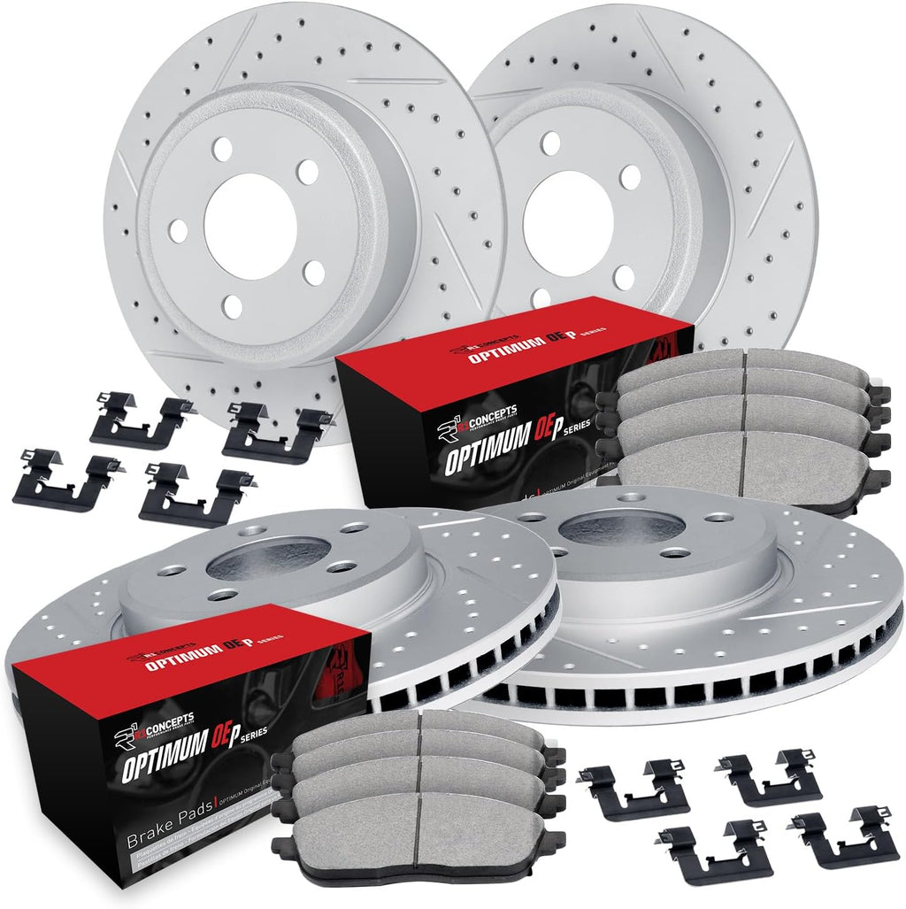 R1 Concepts Front and Rear Brake Kit Fits 2015-2017 Honda Odyssey| Optimum Oep Pads, Drilled Slotted Rotors| Hardware| 12.6' Front & 13.1' Rear