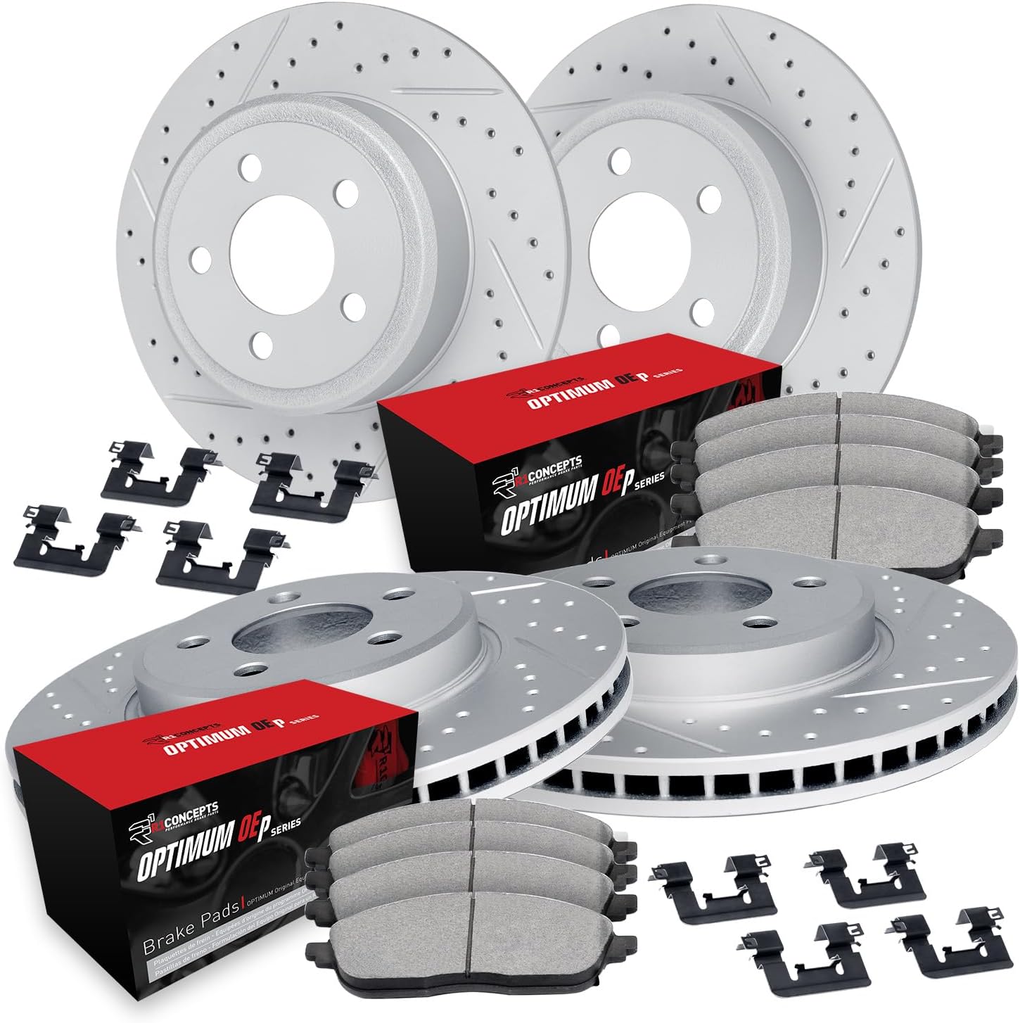 R1 Concepts Front and Rear Brake Kit Fits 2015-2017 Honda Odyssey| Optimum Oep Pads, Drilled Slotted Rotors| Hardware| 12.6' Front & 13.1' Rear