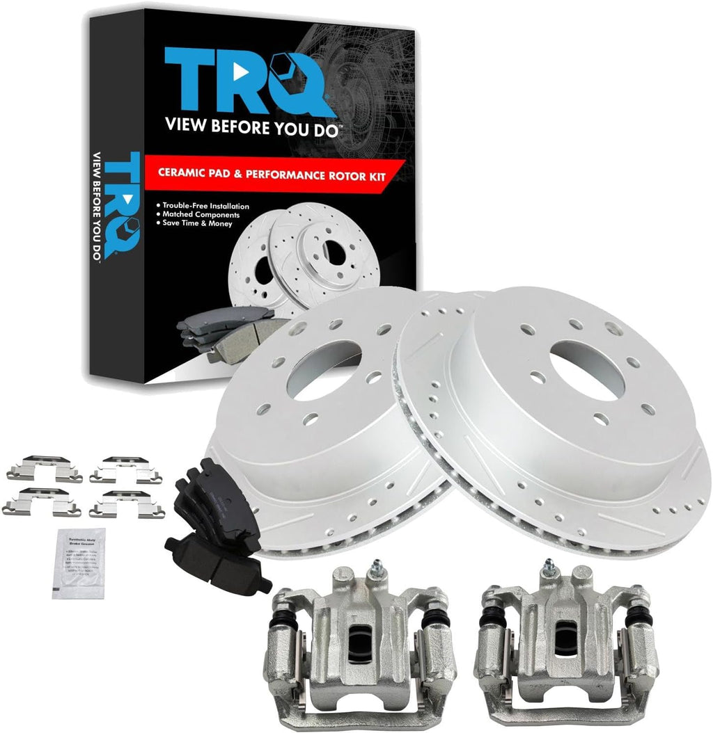 TRQ Performance Rear Brake Pad and Rotor Set Ceramic Vented Coated Rotors Calipers Compatible with 2006-2007 Nissan Xterra