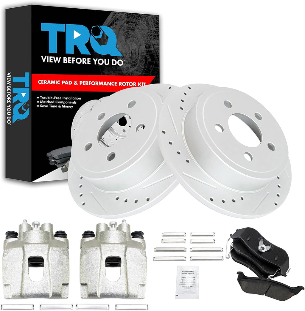 TRQ Performance Rear Brake Pad and Rotor Set Ceramic Coated Slotted Drilled Solid Rotors Calipers Compatible with 2003-2007 Jeep Liberty 2003-2006 Wrangler
