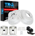 TRQ Performance Rear Brake Pad and Rotor Set Ceramic Coated Slotted Drilled Solid Rotors Calipers Compatible with 2003-2007 Jeep Liberty 2003-2006 Wrangler