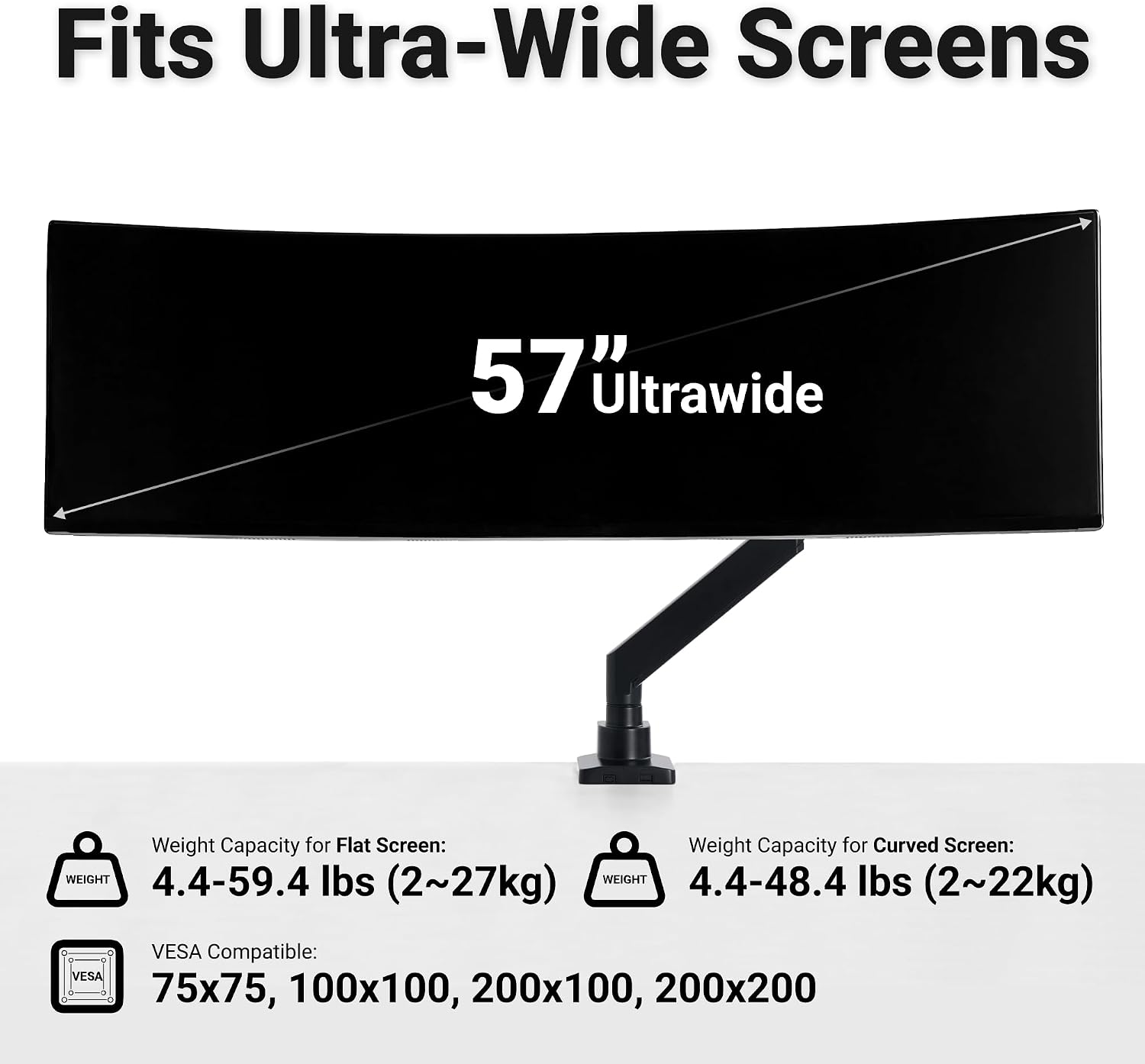 Hexcal Heavy Duty Monitor Arm for 57' Ultrawide Screens, Support up to 59.4 lbs, Full Motion Desk Mount with Quick Release VESA (75/100/200mm), C-Clamp & Grommet Base, Space-Saving Design