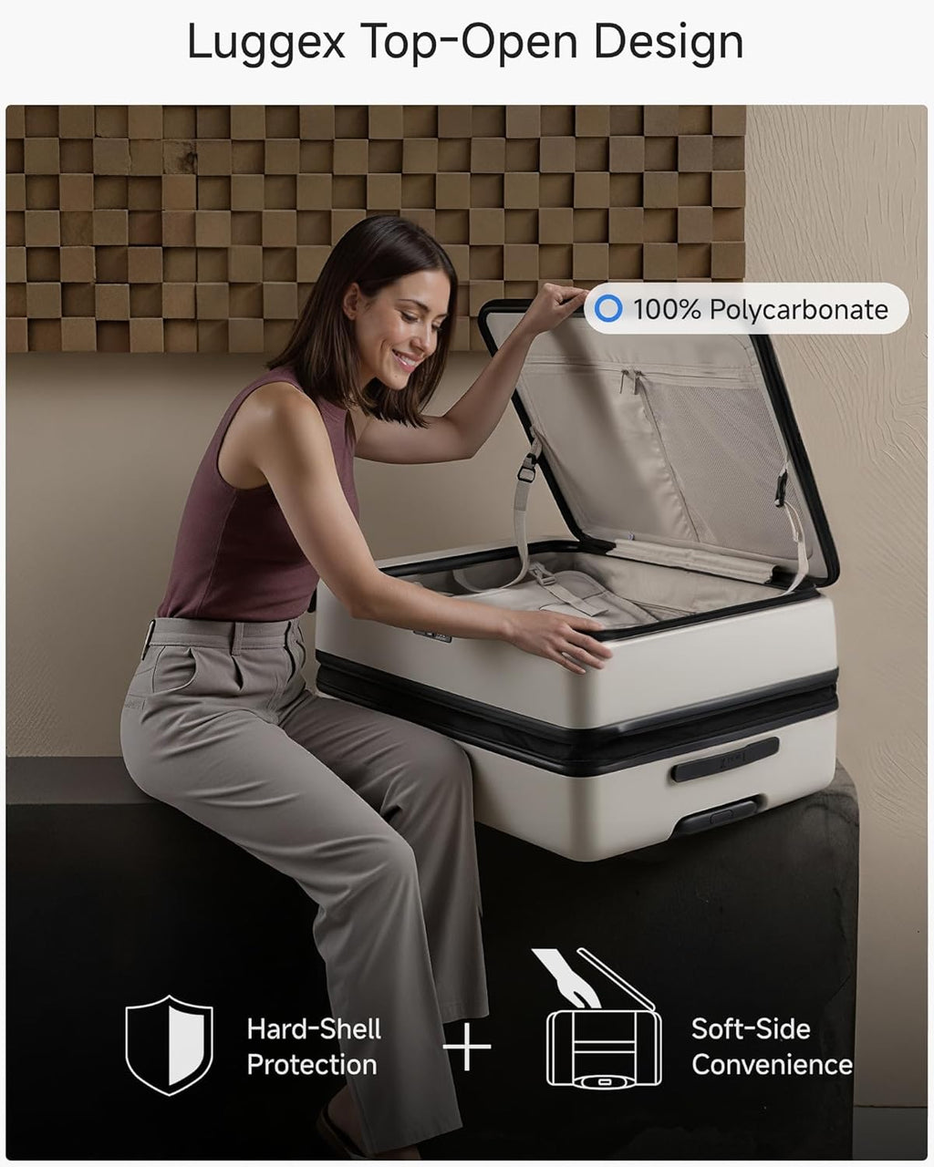 LUGGEX Checked Suitcase Top Opening, Expandable Polycarbonate Hard Shell Suitcase with Wheels (FX-Core, Beige, Bigger 28 Inch, 105L-115L)