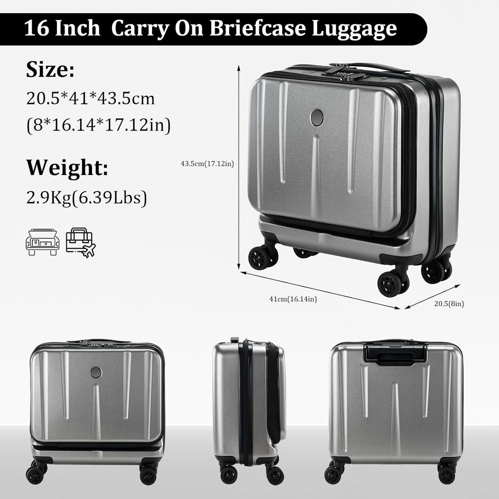 16 Inch Carry On Luggage with 2 Compartments for 14' & 15' Laptop, 16.14*8*17.12' Rolling Briefcase, Lightweight Hardshell ABS+PC Suitcase with Spinner Silent Wheels, for Business Trip, Dark Gray