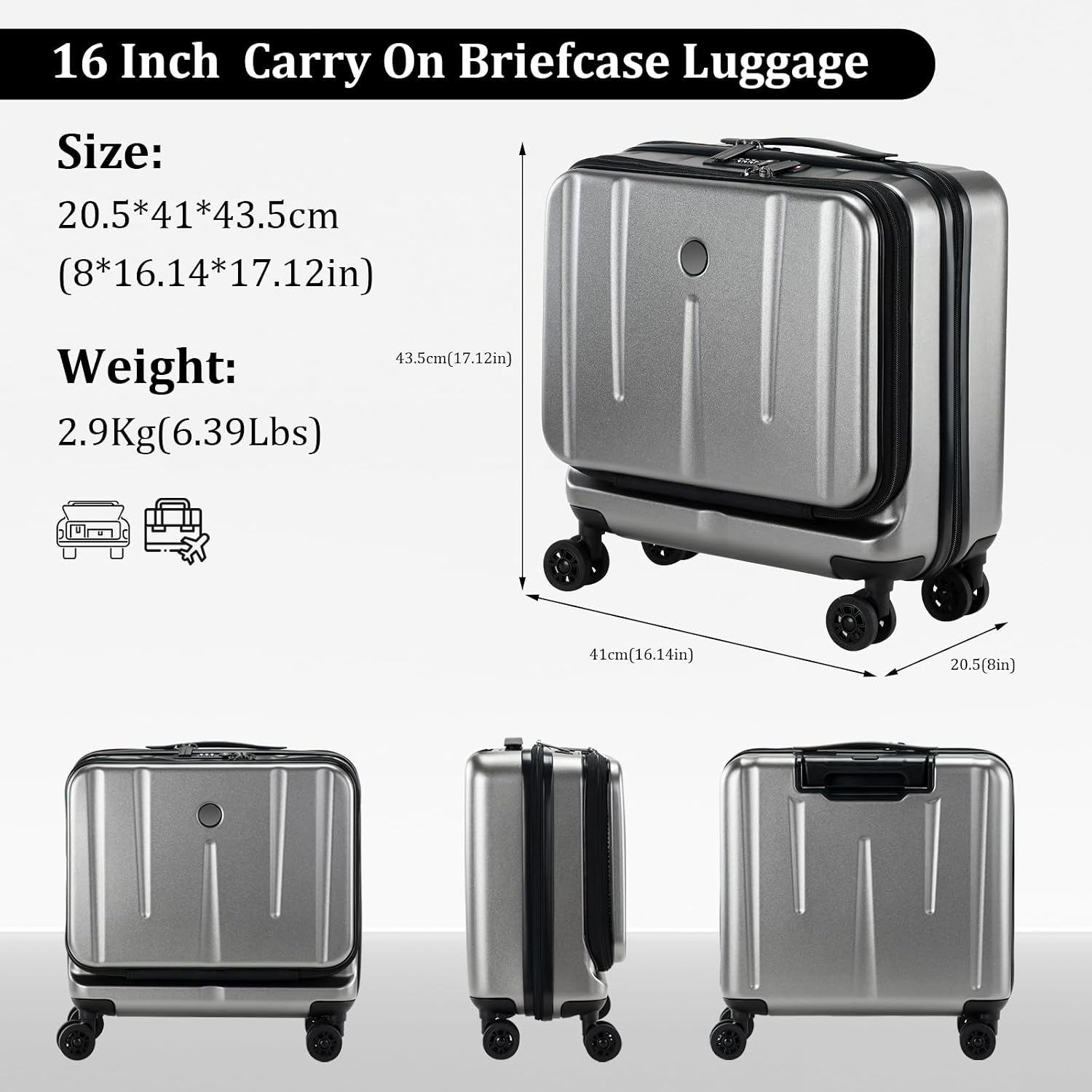 16 Inch Carry On Luggage with 2 Compartments for 14' & 15' Laptop, 16.14*8*17.12' Rolling Briefcase, Lightweight Hardshell ABS+PC Suitcase with Spinner Silent Wheels, for Business Trip, Dark Gray