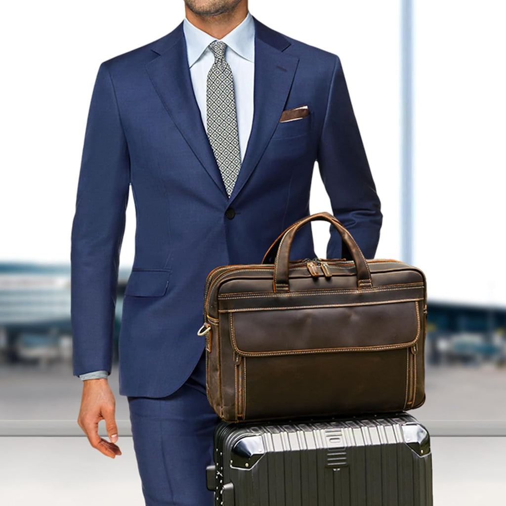 Masa Kawa Leather Briefcase for Men 15.6', 17' Laptop Computer Case Business Travel Work Messenger Cross Body Shoulder Bag