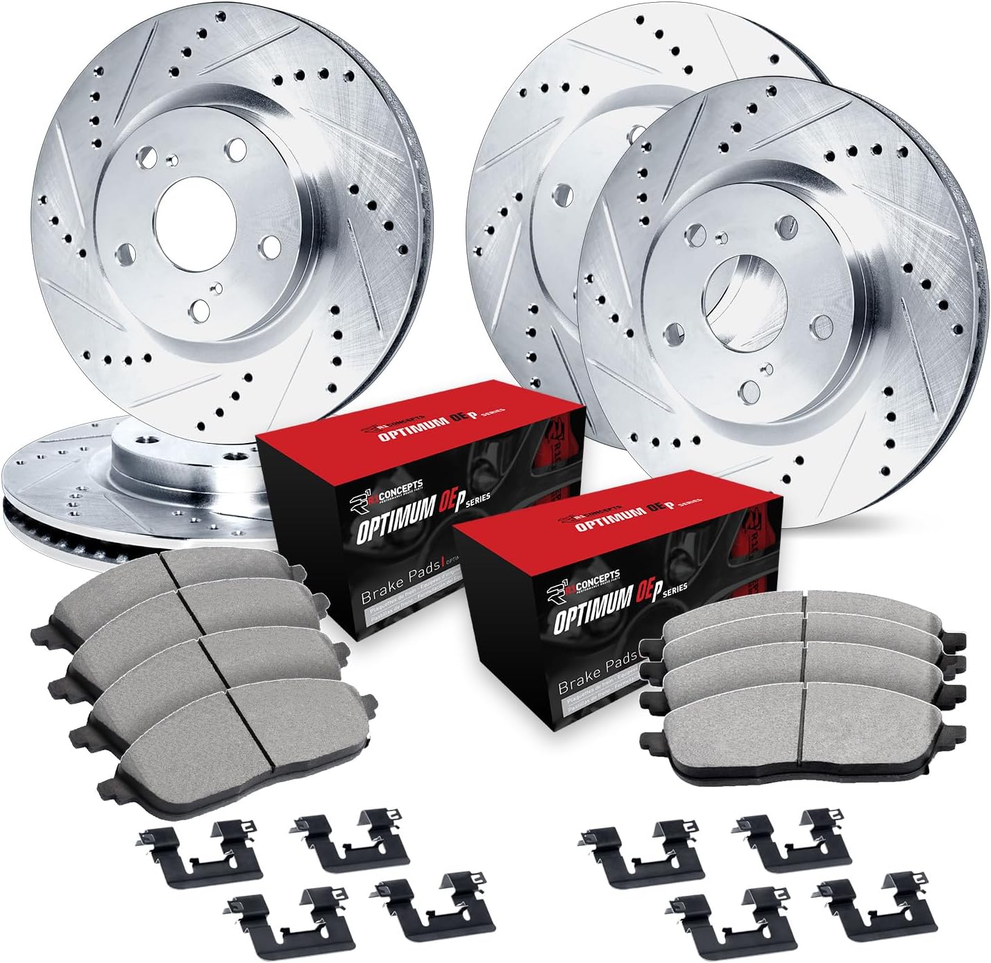 R1 Concepts Front and Rear Brake Kit Fits 2006-2010 INFINITI M35; 2008-2012 INFINITI EX35; 2009-2013 INFINITI G37| Optimum Oep Pads, Drilled Slotted Rotors| Hardware| 12.6' Front & 12.1' Rear