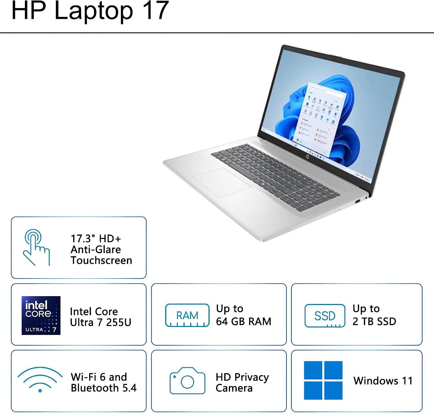 HP 17 Business AI Laptop | 17.3' HD+ Anti-Glare Touchscreen | Intel 12-Core Ultra 7 255U | 16GB DDR5 1TB SSD | Privacy Camera Wi-Fi 6 Backlit Keyboard Fast Charge Win11 w/DLCA Accessory