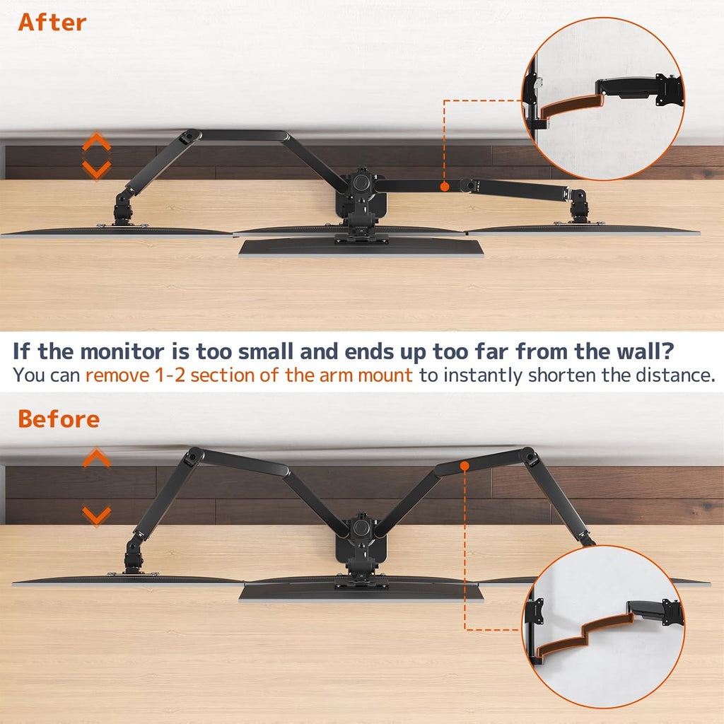 PUTORSEN Quad Monitor Mount for up to 49'' Ultrawide on Top Bracket and 27'' Screens on Lower Brackets, Holds up to 44lbs, Quad Monitor Stand with Gas Spring, C-Clamp & Grommet Base
