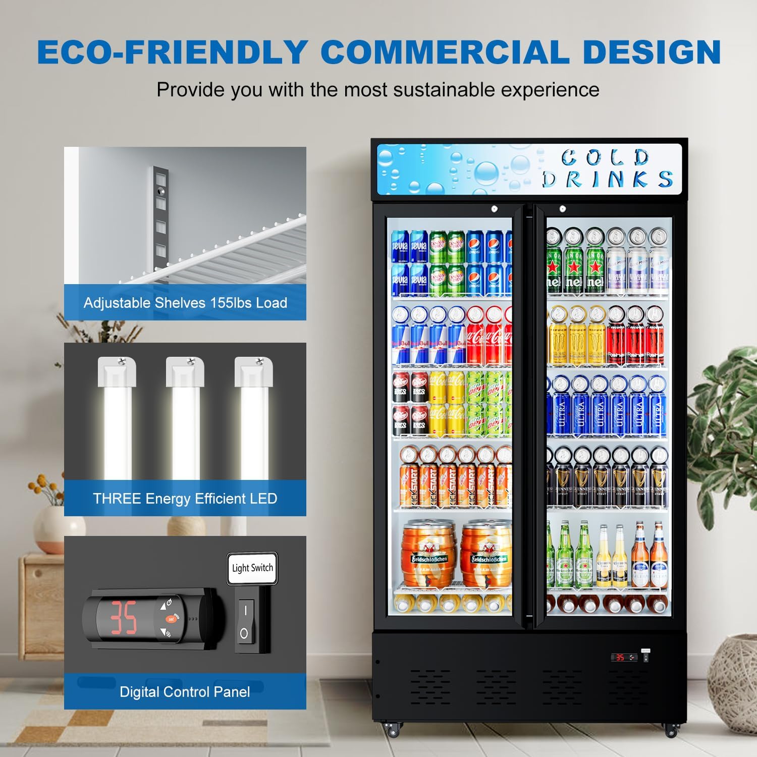 Commercial Display Refrigerator Glass Door 30 cu.ft Cooler Commercial Beverage Refrigerators with LED and 10 Shelves for Cafe, Restaurant, Store