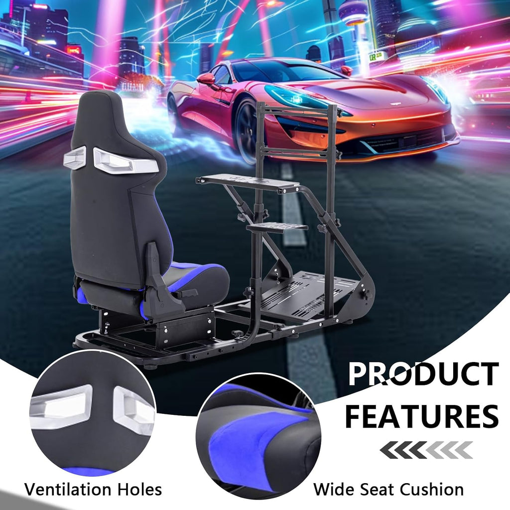 Racing Simulator Cockpit with Monitor Mount and Seat,Sim Racing Cockpit Compatible with Fanatec,PXN,Thrustmaster and Logitech Adjustable Driving Simulators,Excluding Handbrake, Pedals & Monitor (Black+Blue)