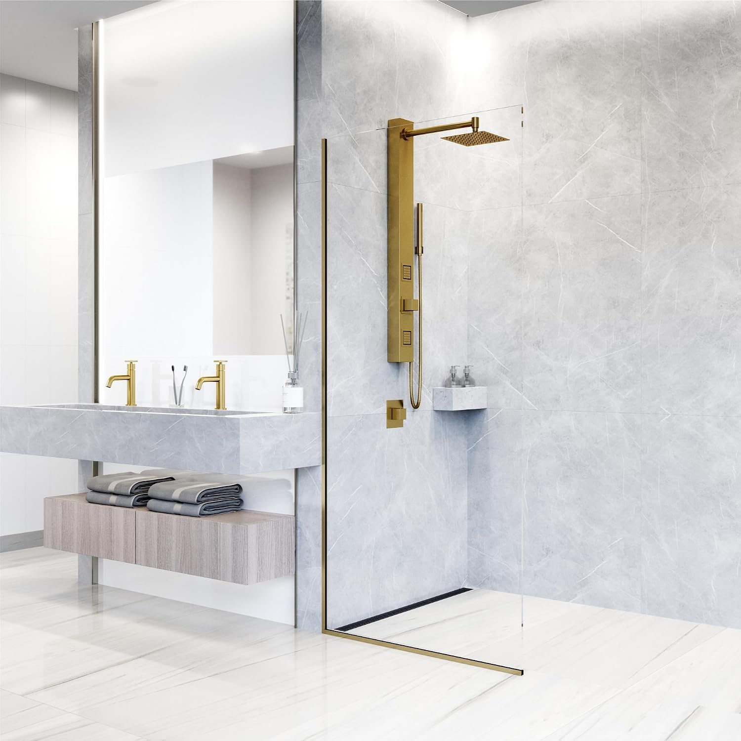 VIGO Orchid 39 in. H x 4 in. W 2-Jet Shower Panel System with Square Head and Hand Shower Wand in Matte Brushed Gold VG08014MG