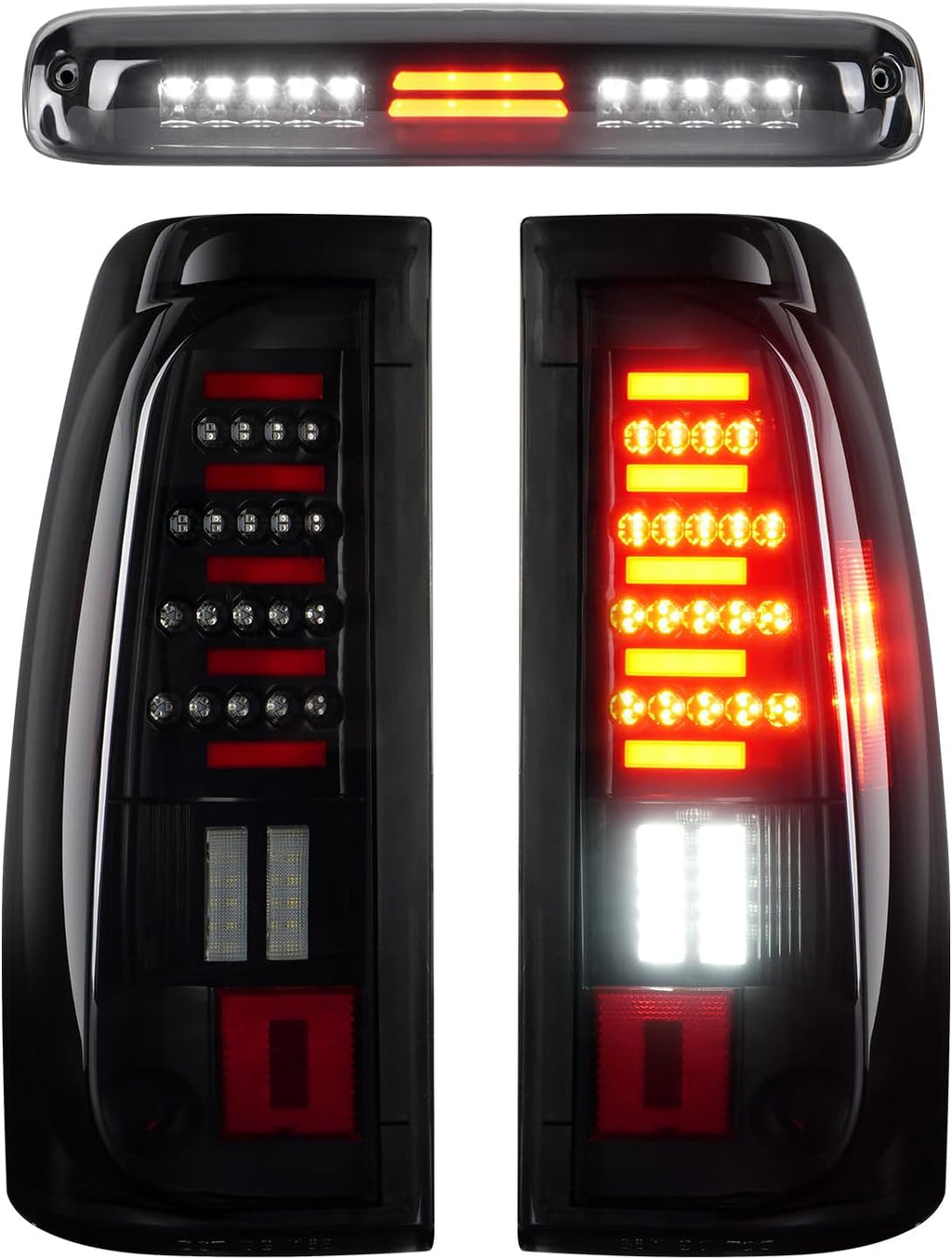 LED Tail Light + 3rd Third Brake Light Kit Fit for Chevy Silverado 1500 2500 2003-2006, for GMC Sierra 1500 2500 3500 2004-2006, for Silverado & Sierra Classic 2007, Black Housing Smoke Lens 3 Pcs