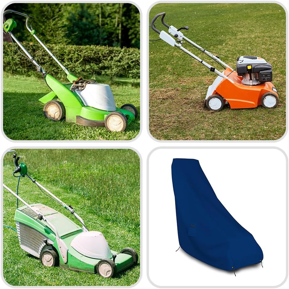 Lawn Mower Cover 18 Oz Waterproof - Customize Cover with Any Size - 100% Weather Resistant Grass Mower Cover with Air Pocket and Drawstring with Snug Fit (50' D x 25' W x 44' H, Blue)