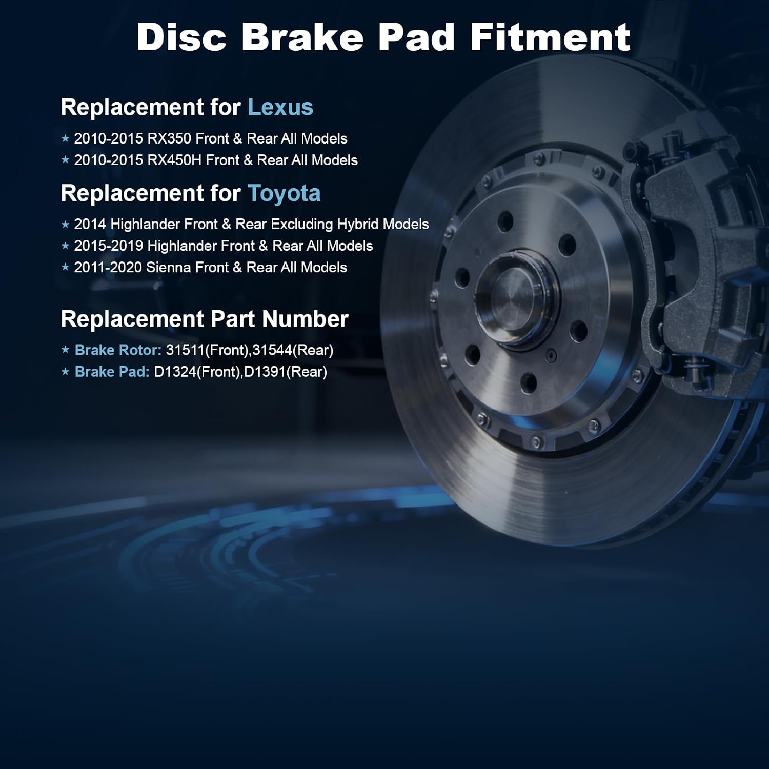 Front & Rear Drilled and Slotted Disc Brake Rotors & Ceramic Brake Pads Kit Fit for Lexus 10-15 RX350, 10-15 RX450H; for Toyota 14 Highlander, 15-19 Highlander, 11-20 Sienna # 31511 31544