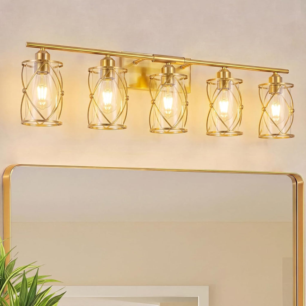 5-Light Brushed Gold Bathroom Light Fixtures Over Mirror, 38' UL-Listed Modern Wall Sconce Lights with Clear Glass and Metal Cage for Bath, Hardwire E26, CH9176BG-5W