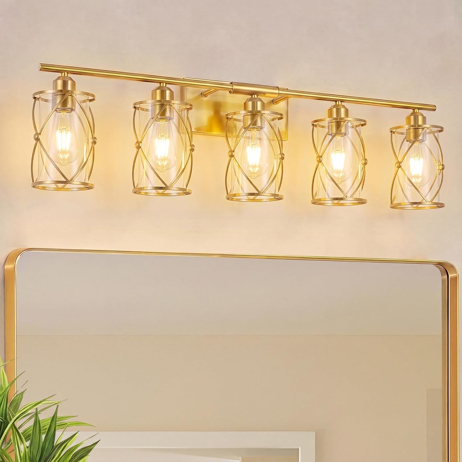 5-Light Brushed Gold Bathroom Light Fixtures Over Mirror, 38' UL-Listed Modern Wall Sconce Lights with Clear Glass and Metal Cage for Bath, Hardwire E26, CH9176BG-5W
