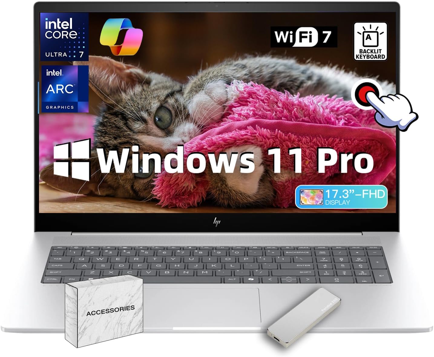 HP Envy 17.3' Premium Laptop - w/Accessories & 1TB Portable SSD, Intel 16-Core U7-155H, Wi-Fi 7, FHD Touchscreen Display, Copilot AI, Backlit Keyboard, Win 11 Pro (16GB DDR5, 1TB SSD)