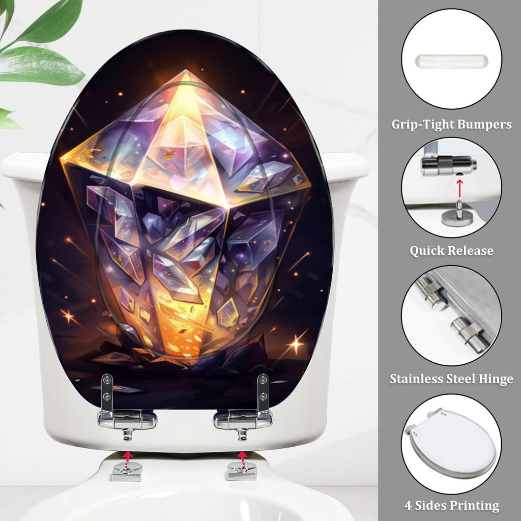 Elongated Toilet Seat Ayst Crystal Gem Purples Gold Silver Flecks Resin Toilet Seat Quietly Close Quick Release Hinges Decorative Toilet Seat with Cover Easy to Install