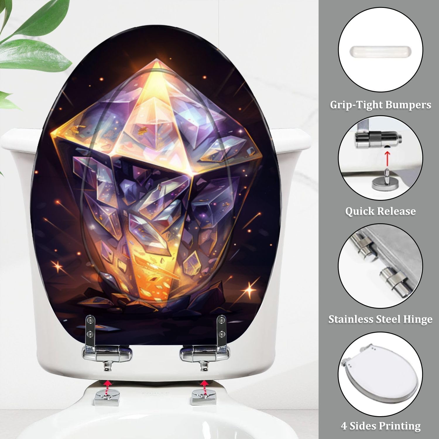 Elongated Toilet Seat Ayst Crystal Gem Purples Gold Silver Flecks Resin Toilet Seat Quietly Close Quick Release Hinges Decorative Toilet Seat with Cover Easy to Install