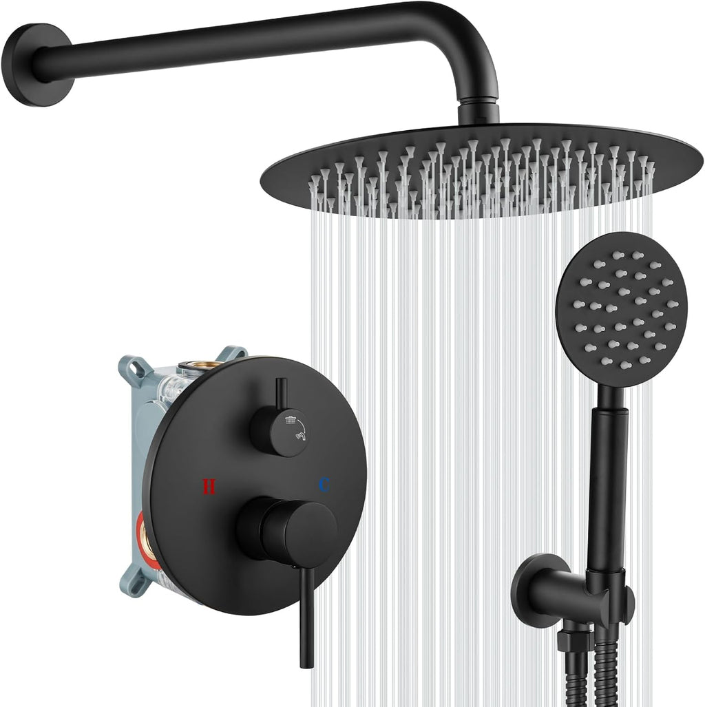 gotonovo Rain Shower System with 10 Inch Round Showerhead and Handheld High Pressure Shower Faucet Set Contain Rough in Valve, Matte Black