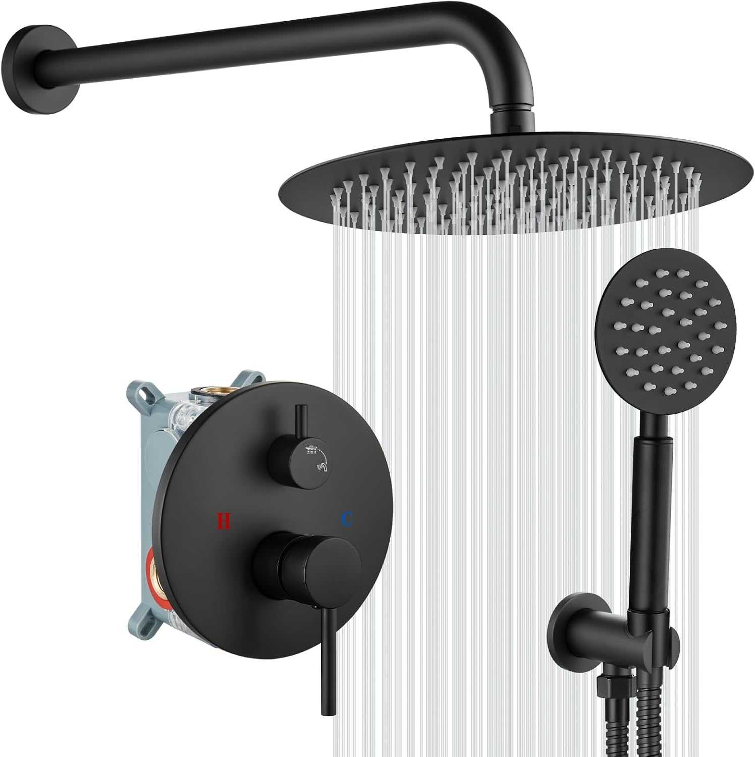 gotonovo Rain Shower System with 10 Inch Round Showerhead and Handheld High Pressure Shower Faucet Set Contain Rough in Valve, Matte Black