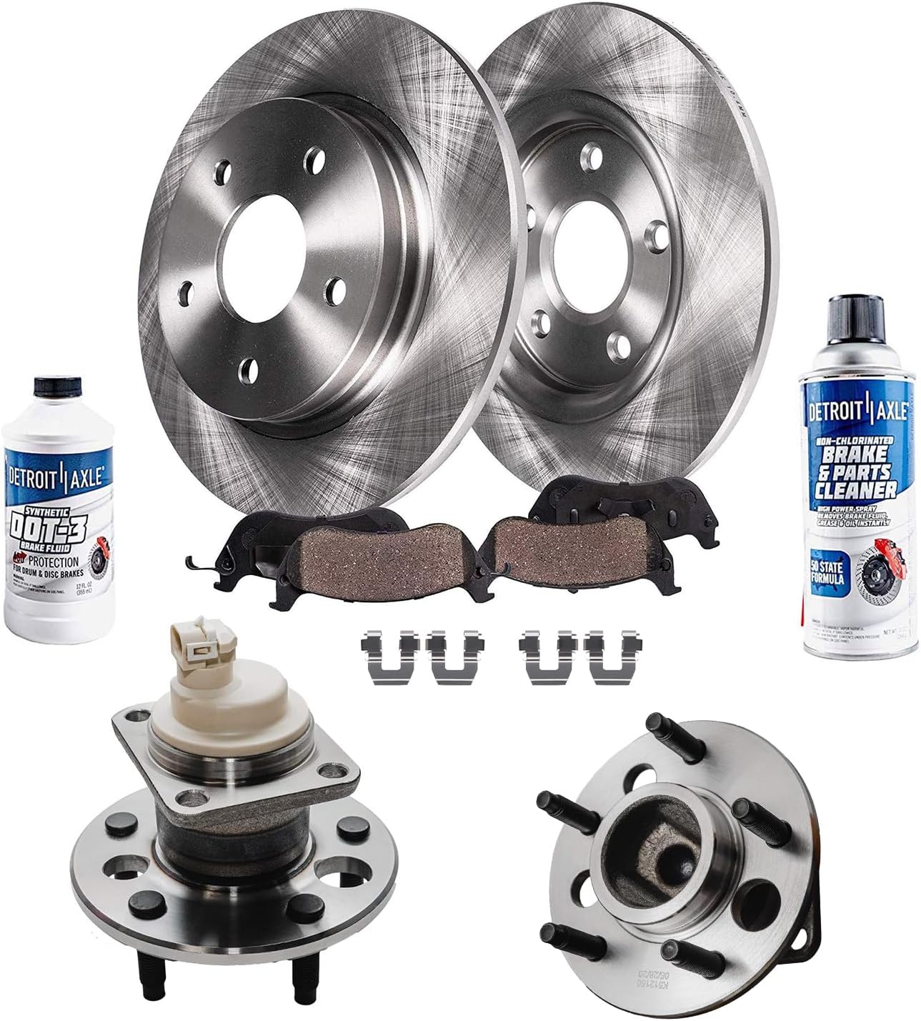 Detroit Axle - Rear Brake Kit Wheel Bearing Hubs for 1999-2005 Pontiac Grand Am, 1999-2004 Olds Alero Disc Brake Rotors Ceramic Brakes Pads Wheel Bearing Hubs Assembly 2000 2001 2002 2003 Replacement