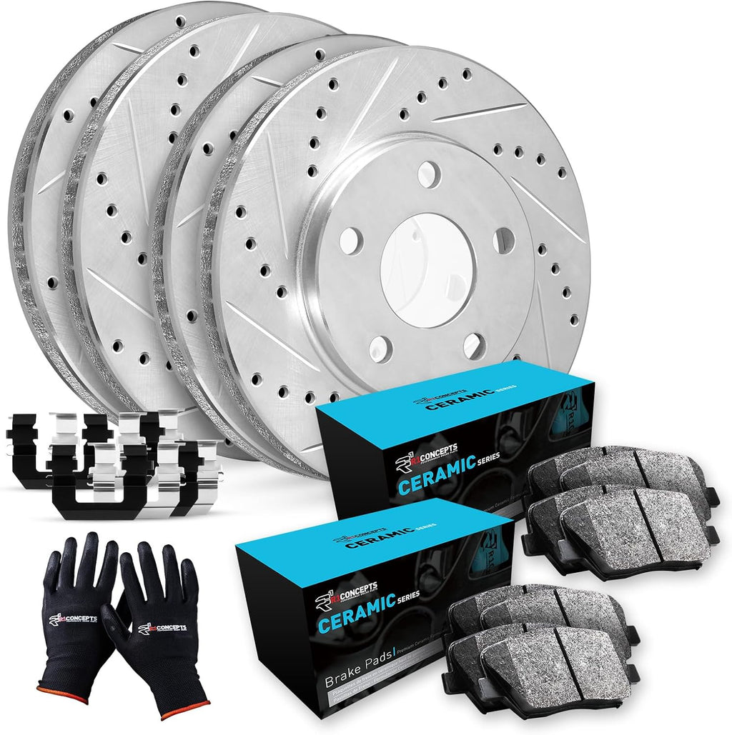 R1 Concepts Front and Rear Brake Kit Fits 2015-2019 Subaru Legacy, Outback; 2016-2021 Subaru WRX| Ceramic Pads, Drilled Slotted Rotors| Hardware| 12.4' Front & 11.8' Rear