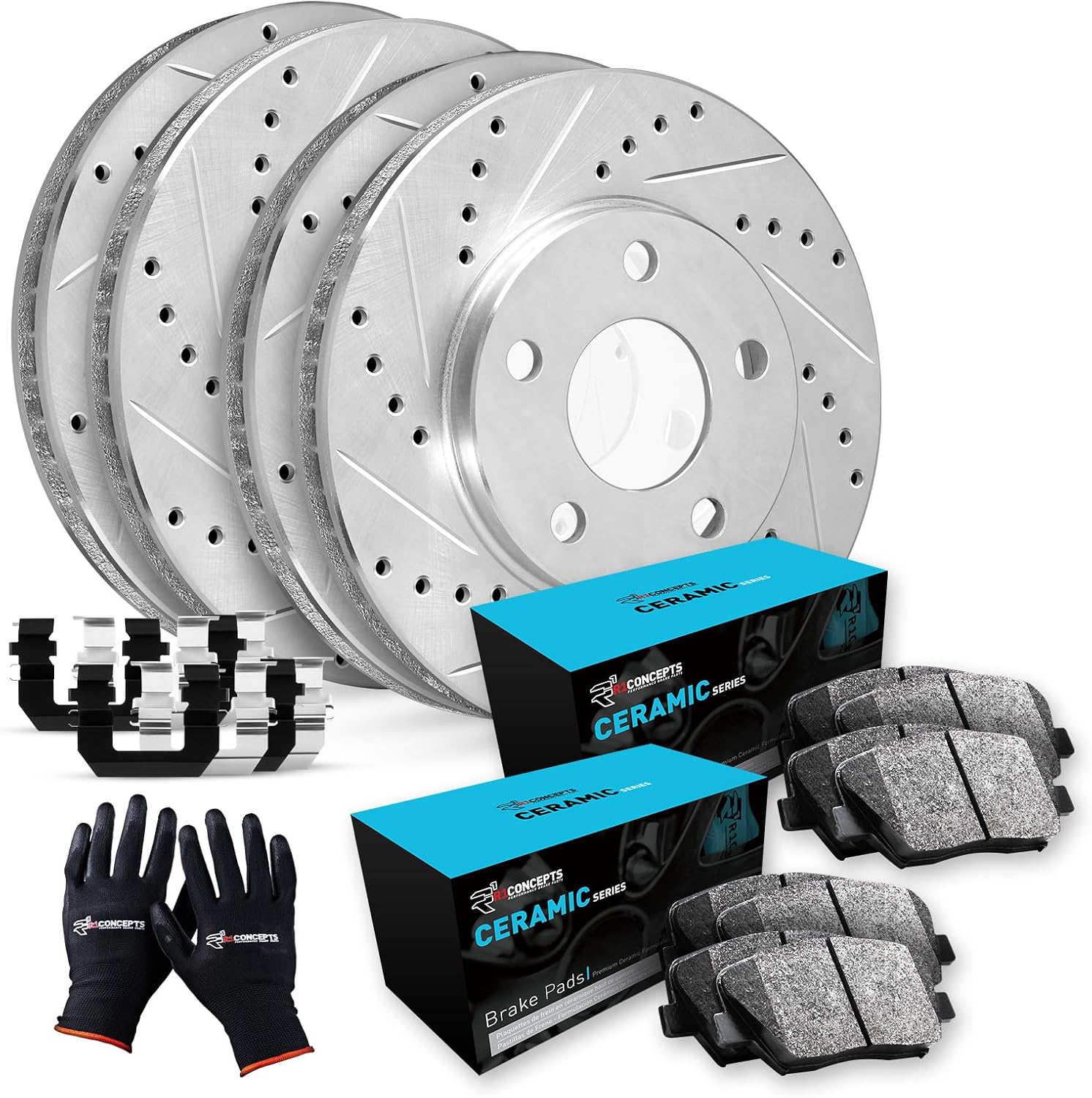 R1 Concepts Front and Rear Brake Kit Fits 2015-2019 Subaru Legacy, Outback; 2016-2021 Subaru WRX| Ceramic Pads, Drilled Slotted Rotors| Hardware| 12.4' Front & 11.8' Rear