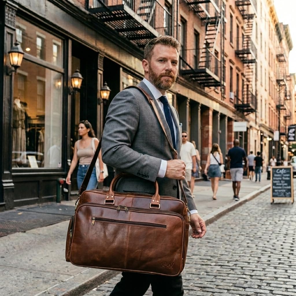 Handmade World Full Grain Leather Briefcase for Men – Large Brown Laptop Bag Fits Up to 19 Inch, Executive Office Work Bag