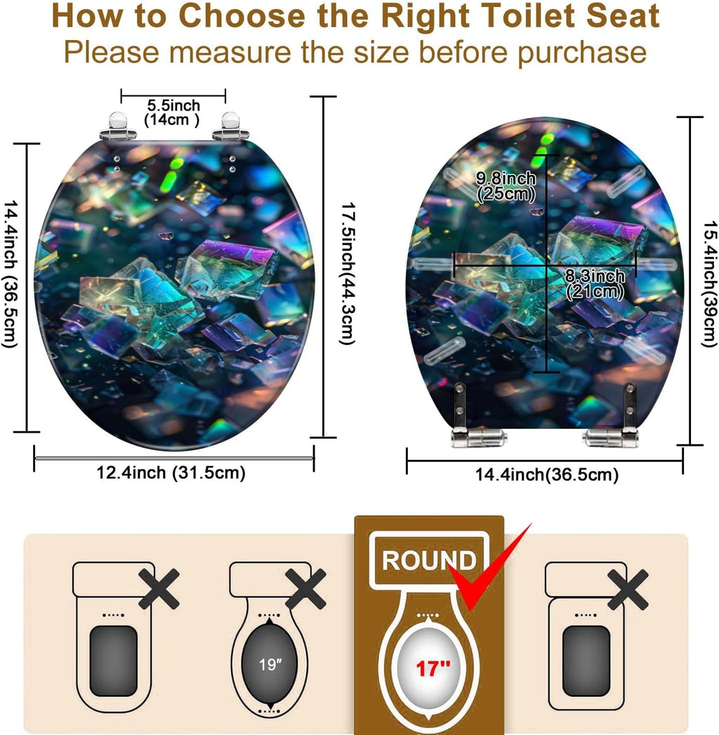 Round Toilet Seat Crystals Soft Light Otherworldly Nature Poster Resin Toilet Seat Quietly Close Quick Release Hinges Decorative Toilet Seat with Cover Easy to Install