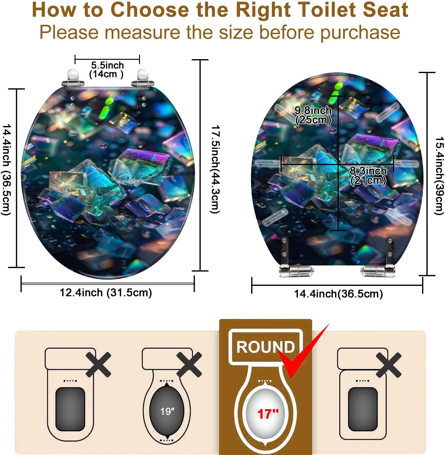 Round Toilet Seat Crystals Soft Light Otherworldly Nature Poster Resin Toilet Seat Quietly Close Quick Release Hinges Decorative Toilet Seat with Cover Easy to Install