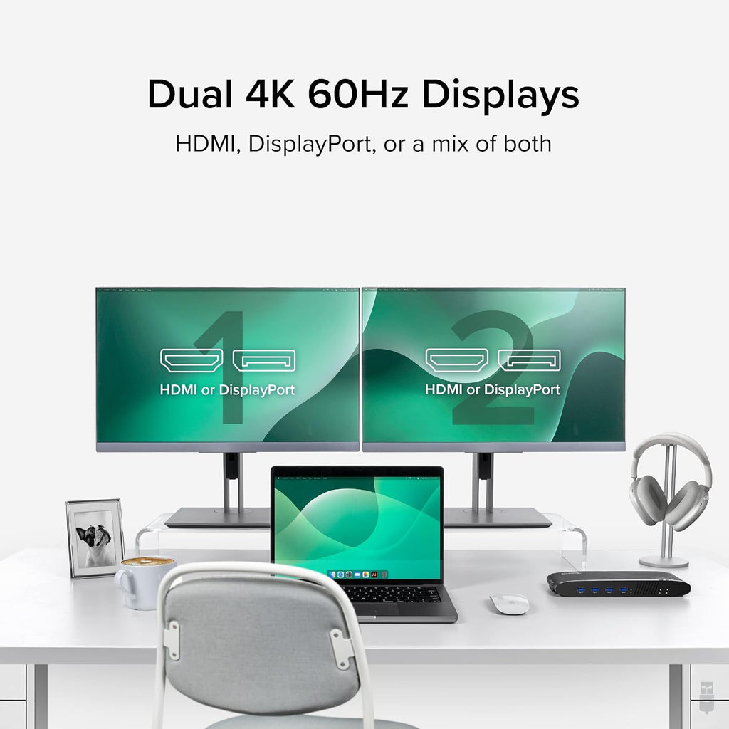 Plugable Universal Laptop Docking Station, 4K Dual Monitor, DisplayPort or HDMI, Windows Mac or ChromeOS Laptops, USB-C or USB 3.0, Adds 2 Displays, Ethernet, Audio, 6 USB Ports