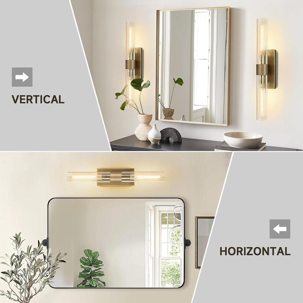 Wall Sconces Set of Two, Gold Bathroom Sconces Wall Lighting with Clear Glass, Modern Sconces Wall Decor Light Fixtures for Bathroom Mirror Living Room Hallway Bedroom