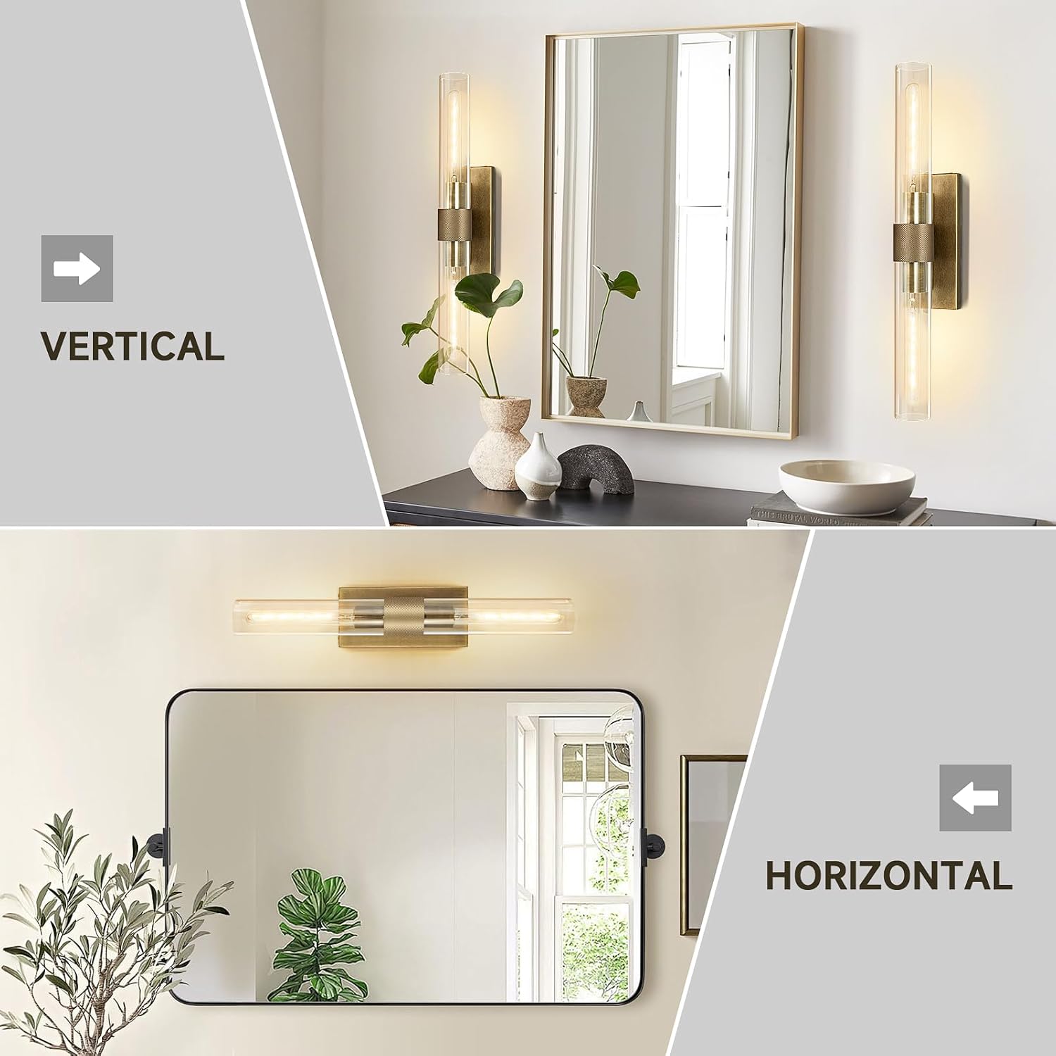 Wall Sconces Set of Two, Gold Bathroom Sconces Wall Lighting with Clear Glass, Modern Sconces Wall Decor Light Fixtures for Bathroom Mirror Living Room Hallway Bedroom