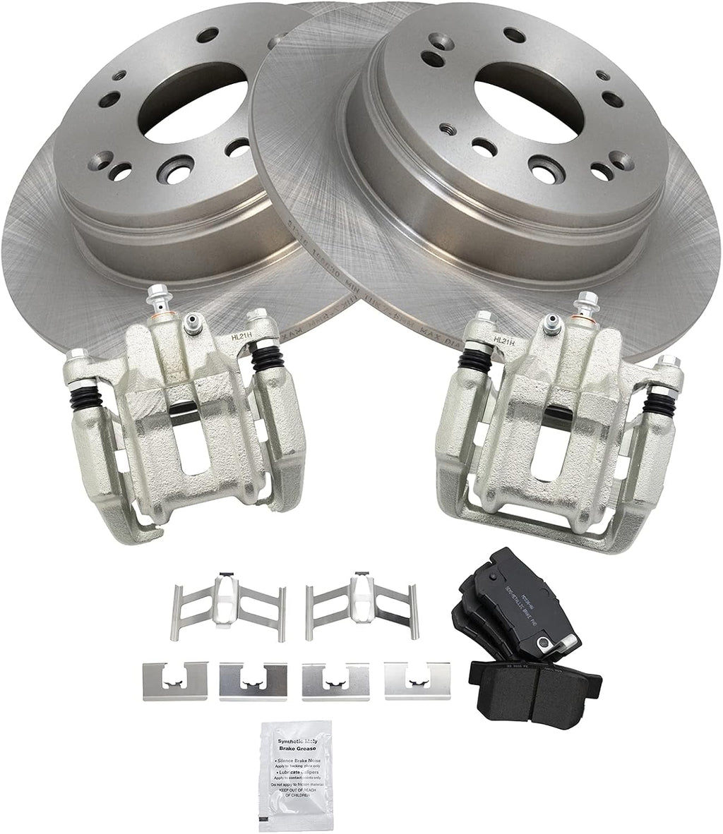 TRQ Rear Brake Pad and Rotor Set Semi Metallic Solid Rotors Calipers Compatible with 2007-2008 Acura TL 2003-2011 Honda Element