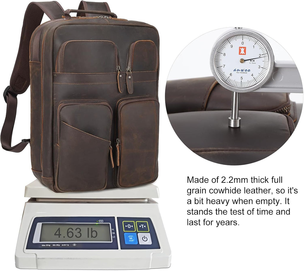 TIDING 17.3' Full Grain Leather Laptop Backpack for Men Multi Pockets Casual Daypack Business Travel Rucksack