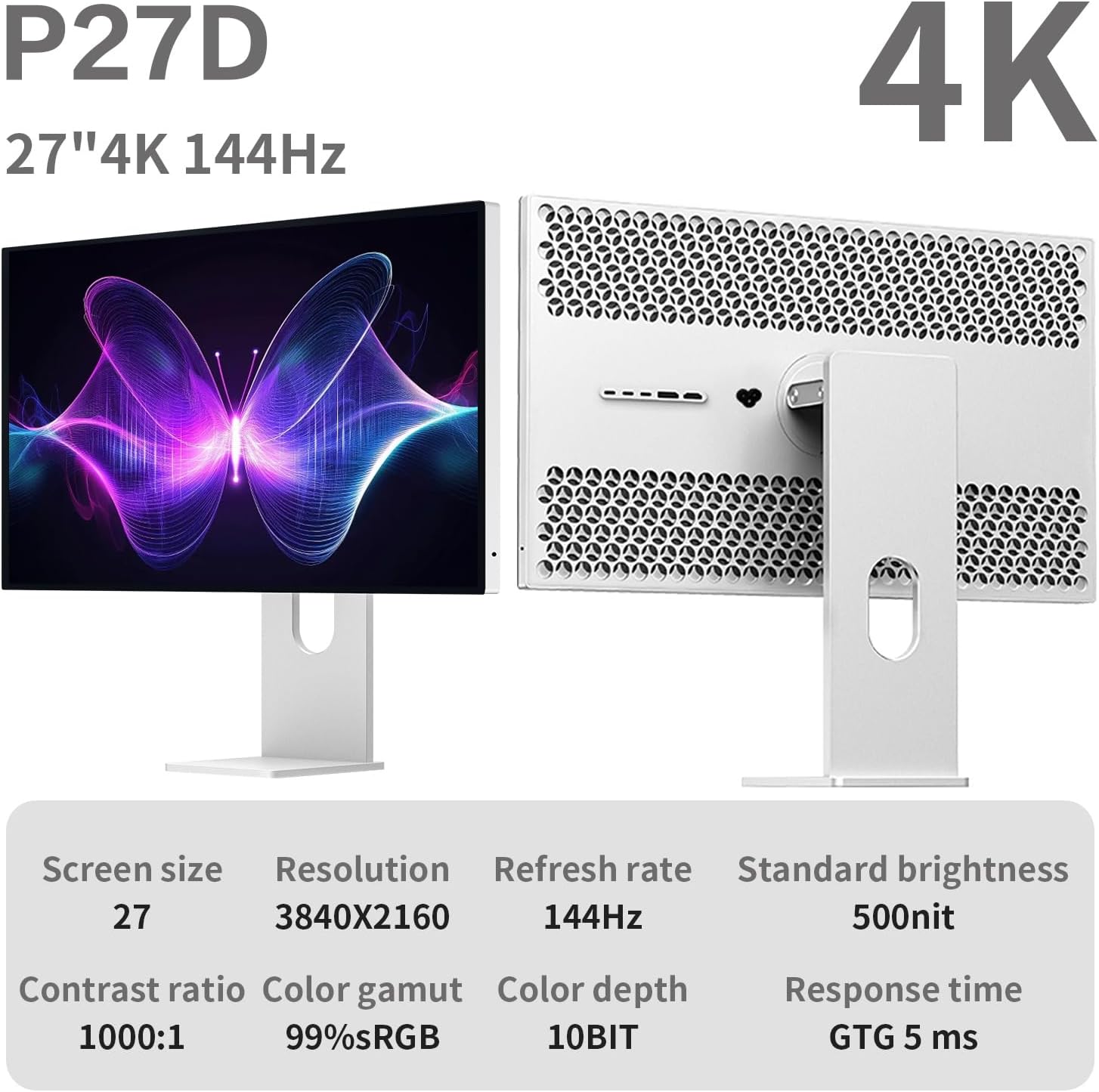 P27D 27'' UHD (3840 x 2160) 4K 144Hz Glossy Monitor, IPS Panel, 10-Bit Color, 99% sRGB, 96% DCI-P3, 5ms, HDR, Low Blue Light, Eye Care (Honeycomb - Without Stand)