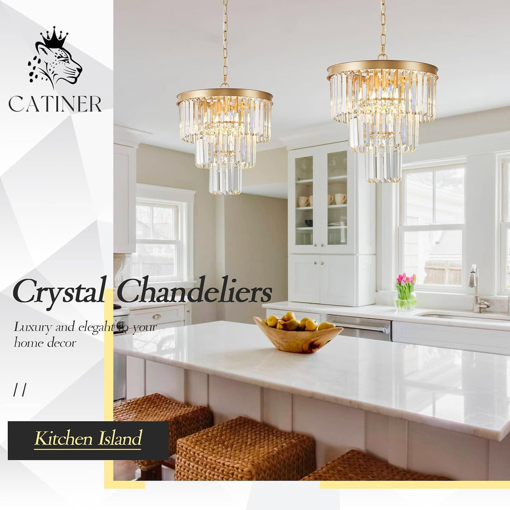 CATINER Gold Crystal Chandeliers 16' Modern 6-Light Small Pendant Light Luxury 3 Tiers K9 Crystal Ceiling Pendant Round Light Fixture for Dining Room Entryway Kitchen Bedroom Closet