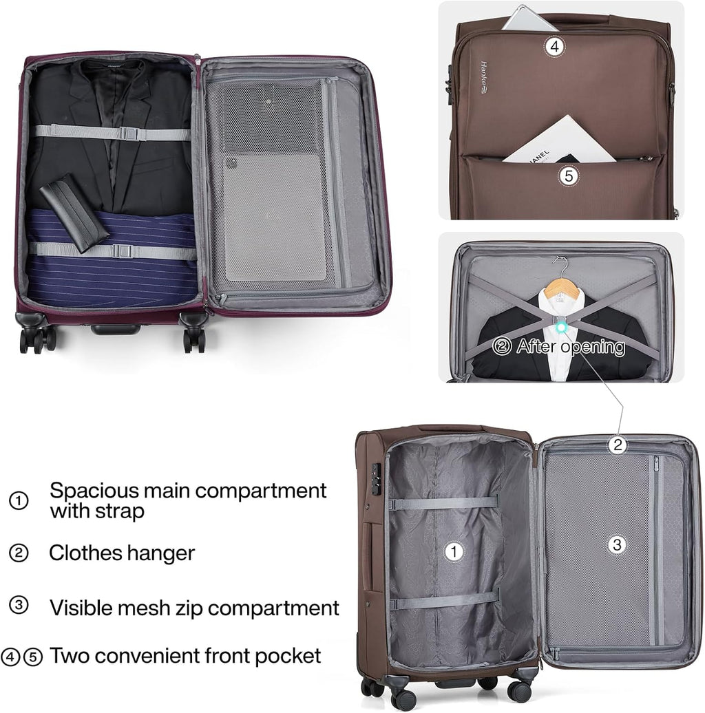 Hanke 3 Piece Luggage Sets Softside Expandable Carry On Luggage Set Travel Suitcase Sets with Spinner Wheels TSA Approved Luggage(Coffee, 20in/24in/28in)