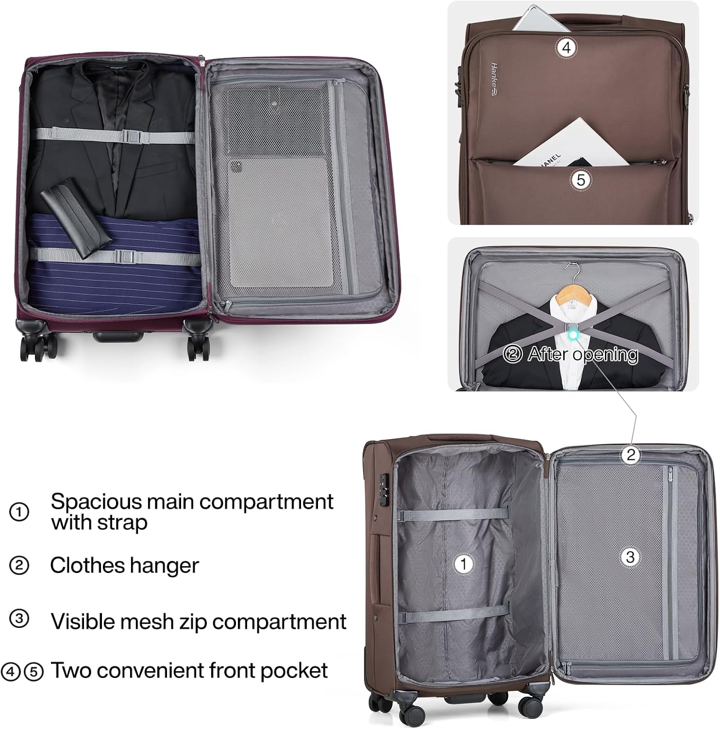 Hanke 3 Piece Luggage Sets Softside Expandable Carry On Luggage Set Travel Suitcase Sets with Spinner Wheels TSA Approved Luggage(Coffee, 20in/24in/28in)