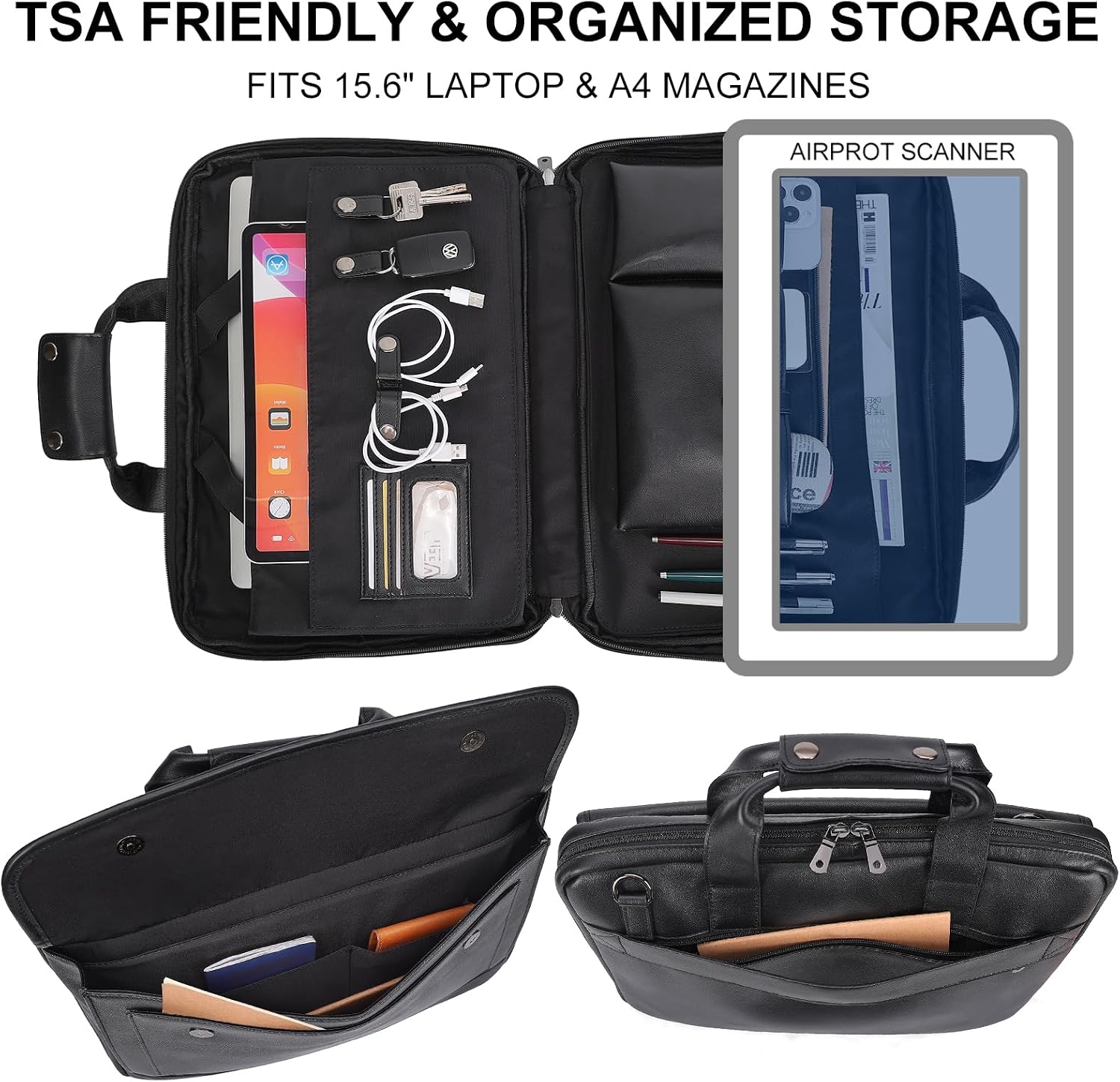 Masa Kawa Leather Briefcase for Men Slim 15.6' Laptop Bag Waterproof Crossbody Shoulder Messenger Computer Attache Case for Business Work, Black