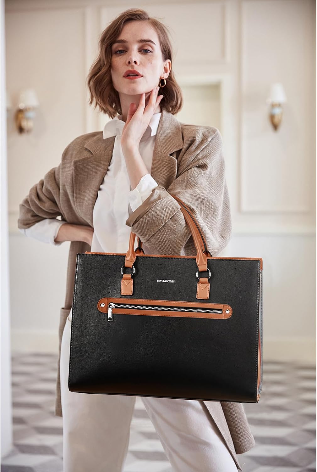 BOSTANTEN Leather Laptop Briefcase for Women Shoulder Bag 15.6 Inch Business Computer Work Tote