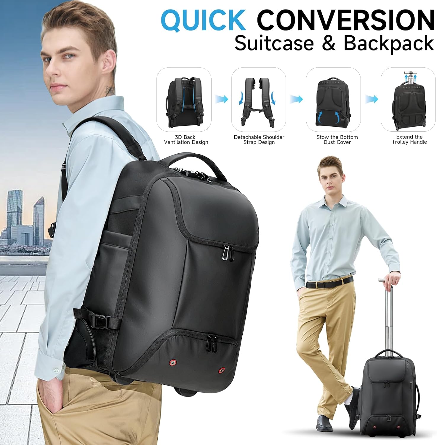 Carry On Backpack,17.3' Travel Backpack with Shoe Compartment,50L Wheeled Backpack Carry On Luggage,Laptop Compartment & USB Charging Port & TSA Approved Lock for Business,Black