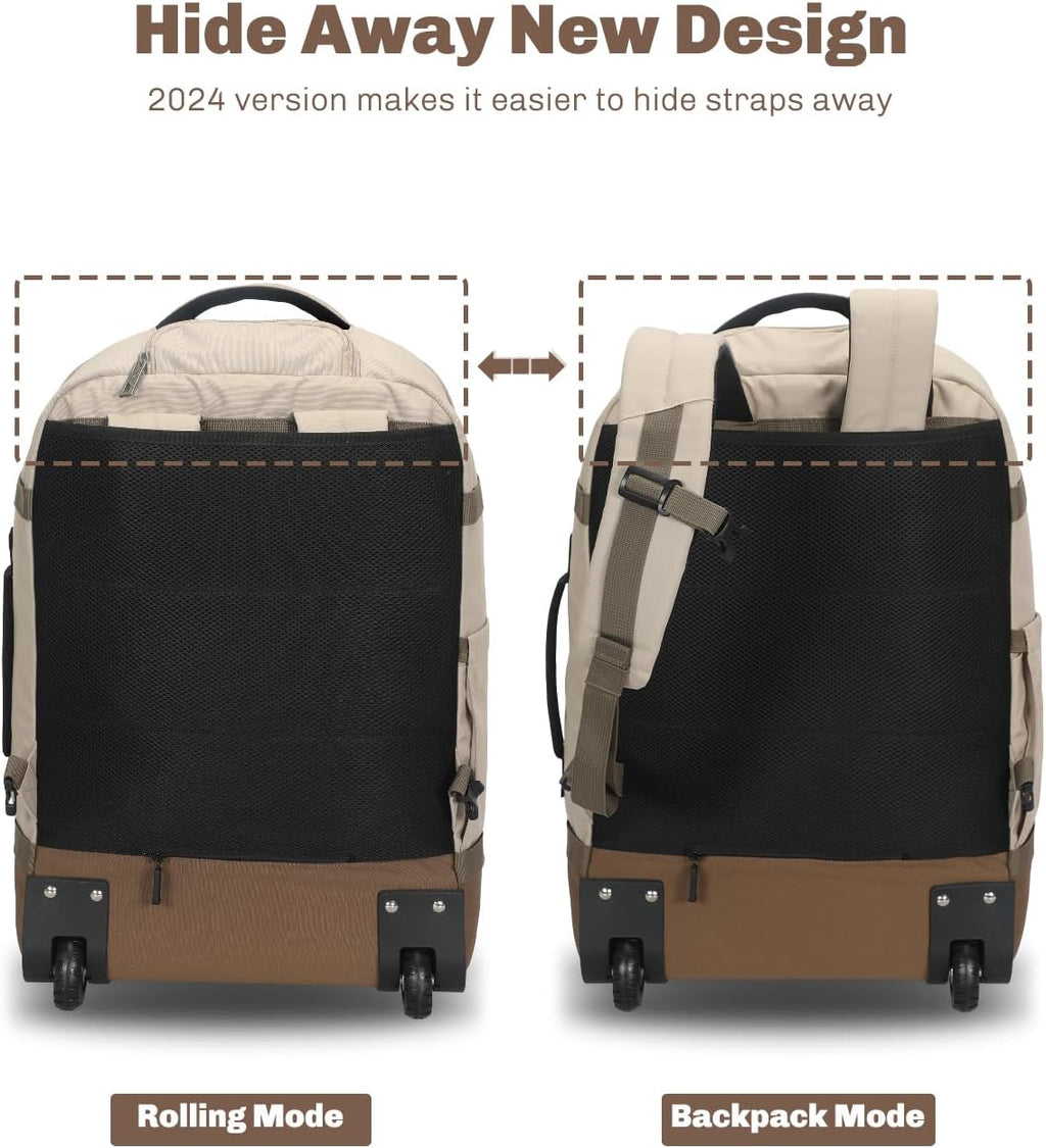 Hynes Eagle Rolling Backpack 42L Backpack with Wheels Airline Approved Carry on Luggage Laptop Travel Suitcase Bag for Women Men Khaki